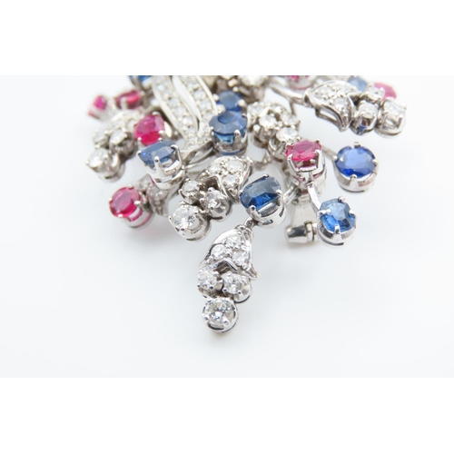 1444 - 18 Carat White Gold Diamond Set Ladies Sapphire and Ruby Brooch of High Colour and Scintillation Thr... 