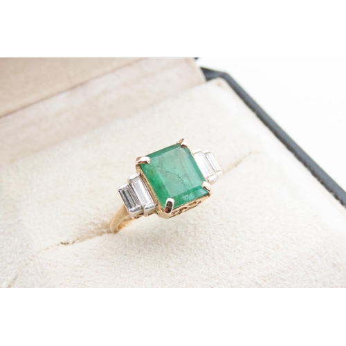 1446 - Emerald and Diamond Centre Stone Ring Twin Baguette Cut Diamonds to Either Side Emerald of Attractiv... 