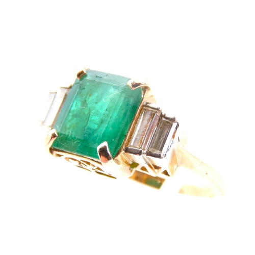 1446 - Emerald and Diamond Centre Stone Ring Twin Baguette Cut Diamonds to Either Side Emerald of Attractiv... 