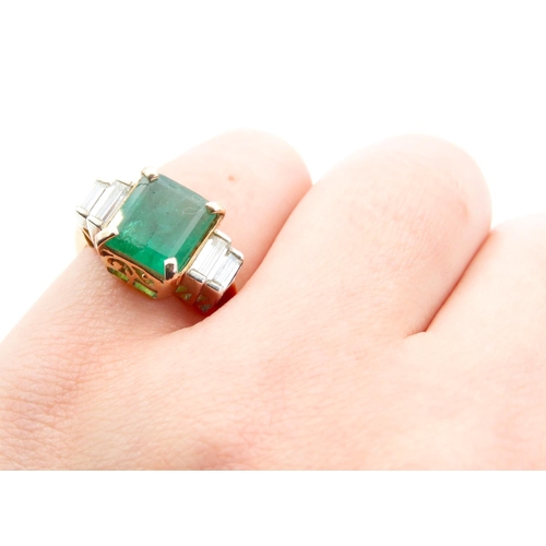 1446 - Emerald and Diamond Centre Stone Ring Twin Baguette Cut Diamonds to Either Side Emerald of Attractiv... 