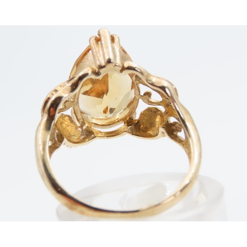 1447 - Citrine Marquise Cut Ladies Ring Detailed Band 9 Carat Yellow Gold Ring Size N and a Half