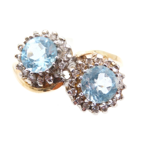 1448 - Double Aquamarine and Diamond Set Cluster Ring Mounted on 9 Carat Yellow Gold Band Ring Size P