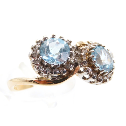 1448 - Double Aquamarine and Diamond Set Cluster Ring Mounted on 9 Carat Yellow Gold Band Ring Size P