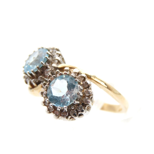 1448 - Double Aquamarine and Diamond Set Cluster Ring Mounted on 9 Carat Yellow Gold Band Ring Size P