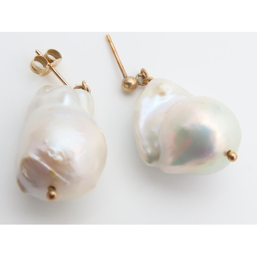 1457 - Pair of Baroque Pearl Earrings Good Size and Form Mounted 9 Carat Yellow Gold Each 2cm High