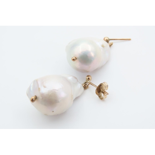 1457 - Pair of Baroque Pearl Earrings Good Size and Form Mounted 9 Carat Yellow Gold Each 2cm High