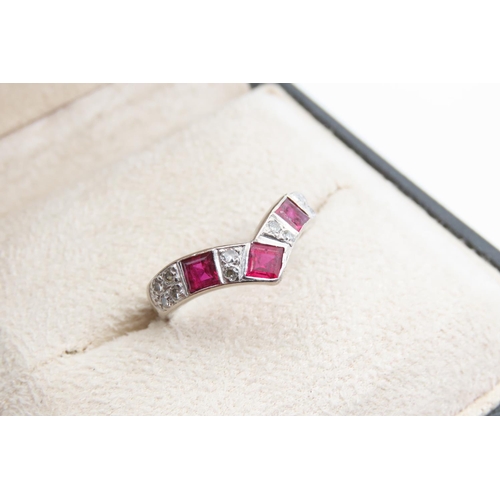 1462 - Diamond and Ruby 18 Carat Gold Wishbone Ring