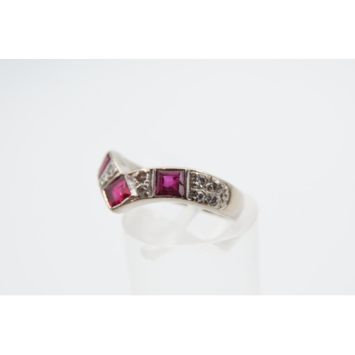 1462 - Diamond and Ruby 18 Carat Gold Wishbone Ring