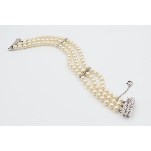 1463 - Silver Mounted Three Strand Pearl Chocker Form Necklace