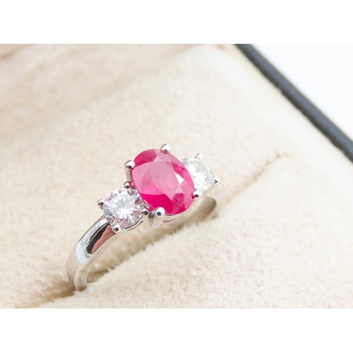 1464 - Ruby Centre Stone Ring with Diamonds to Either Shoulder Mounted on 18 Carat White Gold Ring Size N