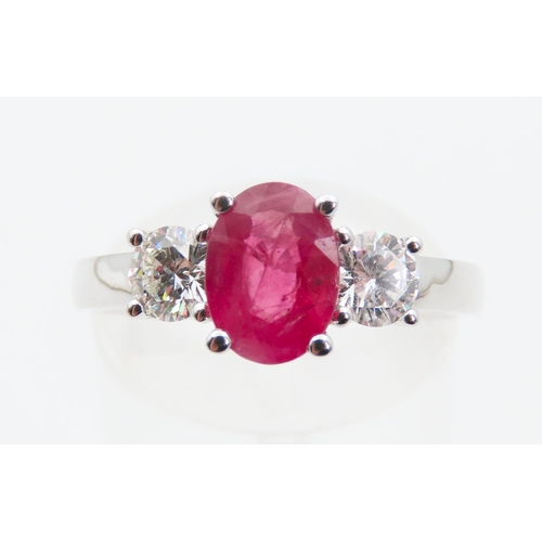 1464 - Ruby Centre Stone Ring with Diamonds to Either Shoulder Mounted on 18 Carat White Gold Ring Size N