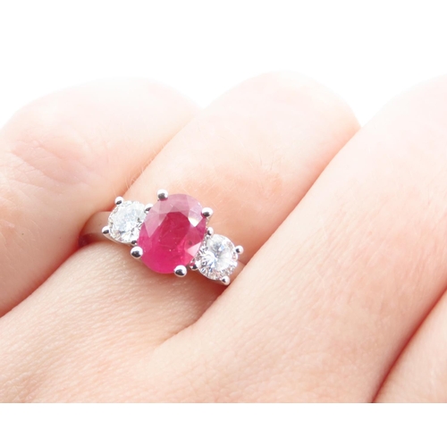 1464 - Ruby Centre Stone Ring with Diamonds to Either Shoulder Mounted on 18 Carat White Gold Ring Size N