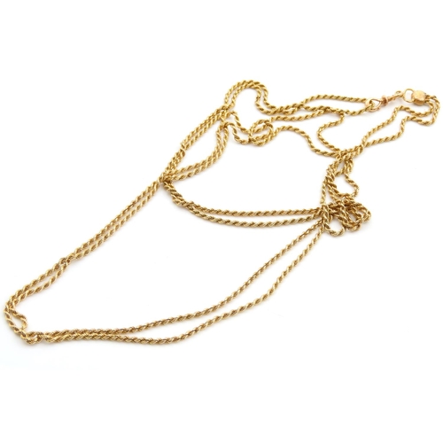 1465 - 18 Carat Yellow Gold Ladies Long Guard Robe Twist Chain 74cm Long 29.5 Grams Weight