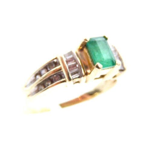 1471 - Emerald and Diamond Ring Mounted on 14 Carat Yellow Gold Band Ring Size T