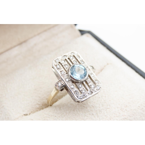 1473 - Aquamarine and Diamond Panel Set Yellow Gold Ring Size O