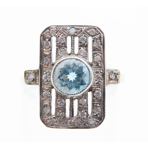 1473 - Aquamarine and Diamond Panel Set Yellow Gold Ring Size O