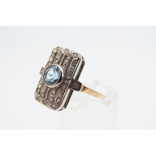 1473 - Aquamarine and Diamond Panel Set Yellow Gold Ring Size O