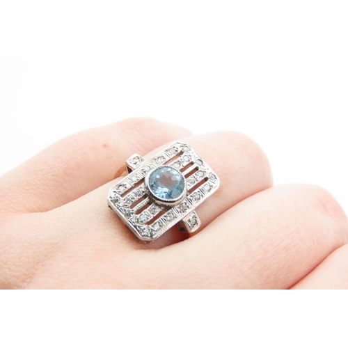 1473 - Aquamarine and Diamond Panel Set Yellow Gold Ring Size O