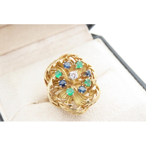 1474 - Vintage Bombe Form Tutti Frutti Ladies Statement Ring Mounted on 18 Carat Yellow Gold Sapphires, Rub... 