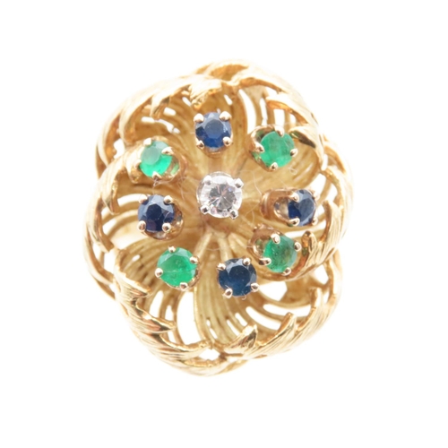 1474 - Vintage Bombe Form Tutti Frutti Ladies Statement Ring Mounted on 18 Carat Yellow Gold Sapphires, Rub... 