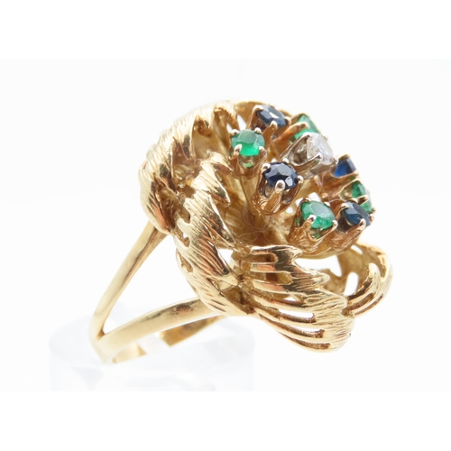 1474 - Vintage Bombe Form Tutti Frutti Ladies Statement Ring Mounted on 18 Carat Yellow Gold Sapphires, Rub... 