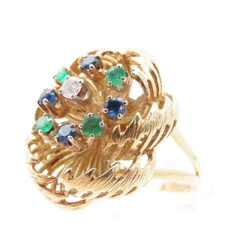 1474 - Vintage Bombe Form Tutti Frutti Ladies Statement Ring Mounted on 18 Carat Yellow Gold Sapphires, Rub... 