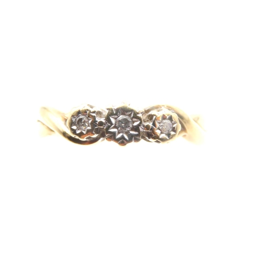 1478 - Diamond Three Stone 9 Carat Yellow Gold Ring Size N and a Half