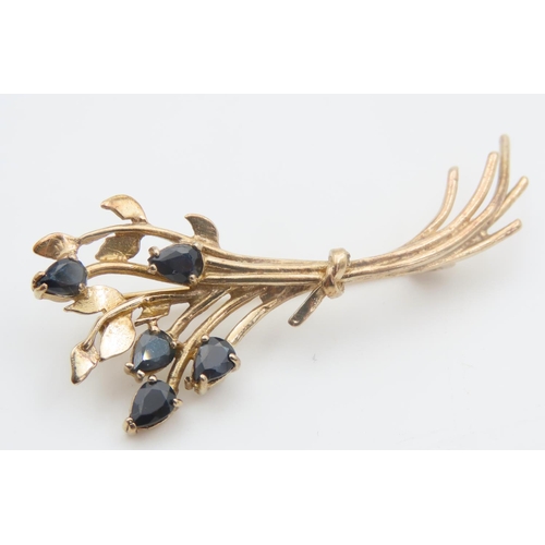 1480 - Sapphire Mounted 9 Carat Yellow Gold Floral Motif Ladies Brooch 4cm High