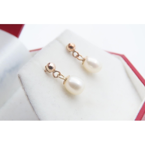 1481 - Pair of Pearl Drop Form 9 Carat Yellow Gold Earrings Each 1cm High