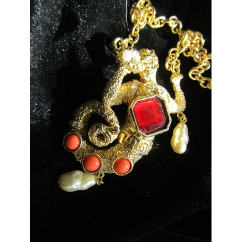 1484 - Kenneth Jay Lane Poseidon Motif Designer Costume Gilded Pendant Necklace Finely Detailed Set on Orig... 