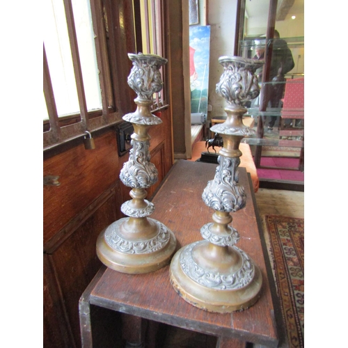 151 - Pair of Antique Turned Column Cast Brass Candle Rests Each Approximately 14 Inches High