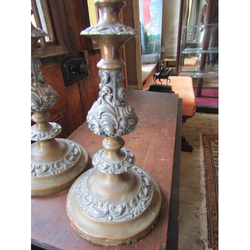 151 - Pair of Antique Turned Column Cast Brass Candle Rests Each Approximately 14 Inches High