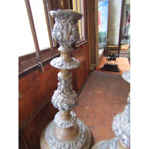 151 - Pair of Antique Turned Column Cast Brass Candle Rests Each Approximately 14 Inches High