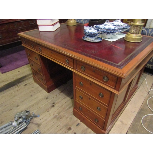 162 - Mahogany Twin Pedestal Burgundy Leather Gilt Tooled Top Writing Desk Three Drawers to Pedestals 4ft ... 