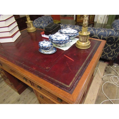 162 - Mahogany Twin Pedestal Burgundy Leather Gilt Tooled Top Writing Desk Three Drawers to Pedestals 4ft ... 