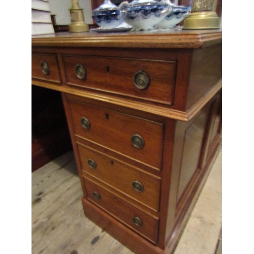 162 - Mahogany Twin Pedestal Burgundy Leather Gilt Tooled Top Writing Desk Three Drawers to Pedestals 4ft ... 