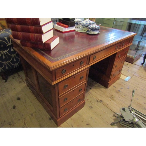 162 - Mahogany Twin Pedestal Burgundy Leather Gilt Tooled Top Writing Desk Three Drawers to Pedestals 4ft ... 