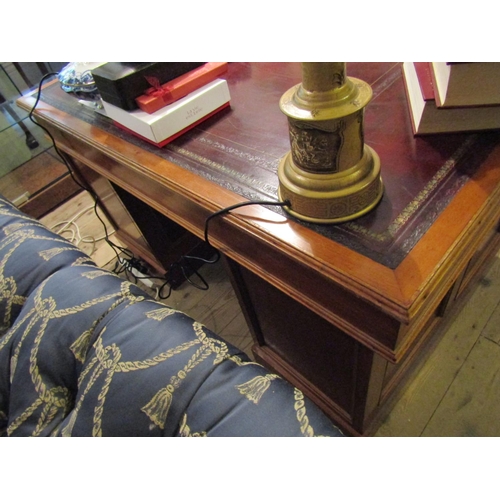 162 - Mahogany Twin Pedestal Burgundy Leather Gilt Tooled Top Writing Desk Three Drawers to Pedestals 4ft ... 