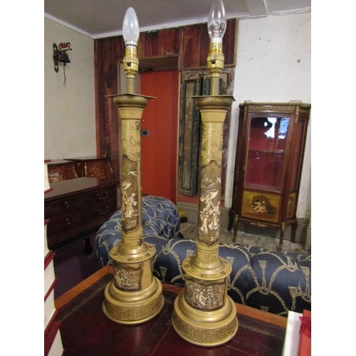 163 - Pair of Toleware Jappanned Column Form Table Lamps Each Electrified Working Order Each Approximately... 