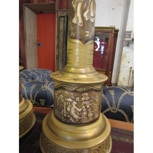 163 - Pair of Toleware Jappanned Column Form Table Lamps Each Electrified Working Order Each Approximately... 