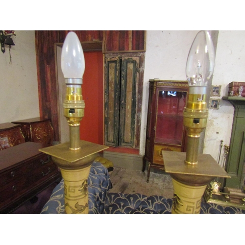 163 - Pair of Toleware Jappanned Column Form Table Lamps Each Electrified Working Order Each Approximately... 