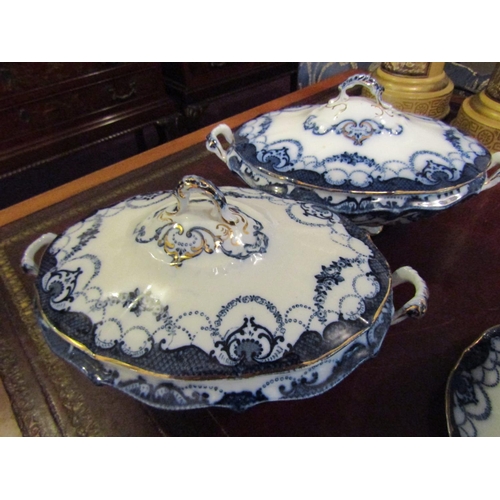 164 - Three Antique Porcelain Tureens Blue and White Pattern Gilt Edge Decoration Largest Pair Approximate... 