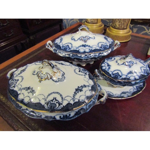 164 - Three Antique Porcelain Tureens Blue and White Pattern Gilt Edge Decoration Largest Pair Approximate... 