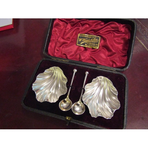 165 - Pair of Silver Shell Form Table Salts Hallmarked 1895 with Original Silver Spoons Contained within O... 