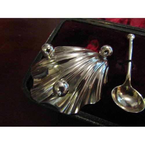 165 - Pair of Silver Shell Form Table Salts Hallmarked 1895 with Original Silver Spoons Contained within O... 