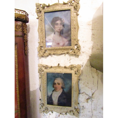 184 - Pair of Swept Corner Portrait Miniatures Husband and Wife Each Approximately 4 Inches Wide x 5 Inche... 