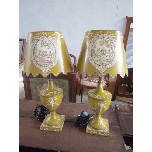 197 - Pair of Yellow Ground Toleware Urn Form Table Lamps Each Approximately 24 Inches High Electrified Go... 