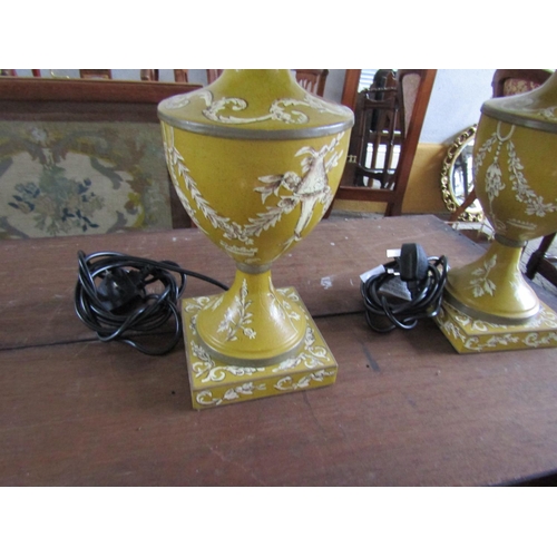 197 - Pair of Yellow Ground Toleware Urn Form Table Lamps Each Approximately 24 Inches High Electrified Go... 