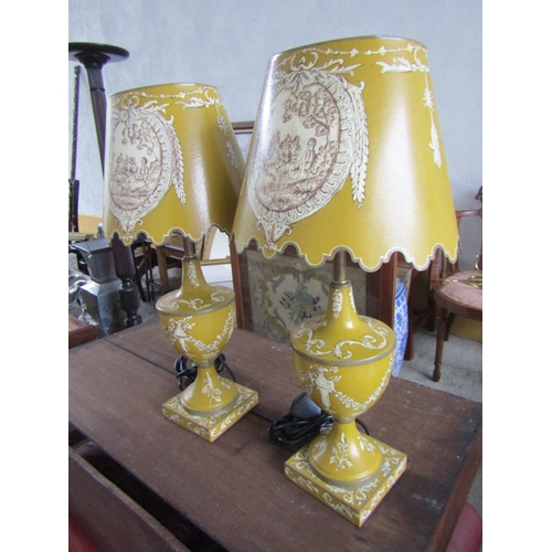 197 - Pair of Yellow Ground Toleware Urn Form Table Lamps Each Approximately 24 Inches High Electrified Go... 