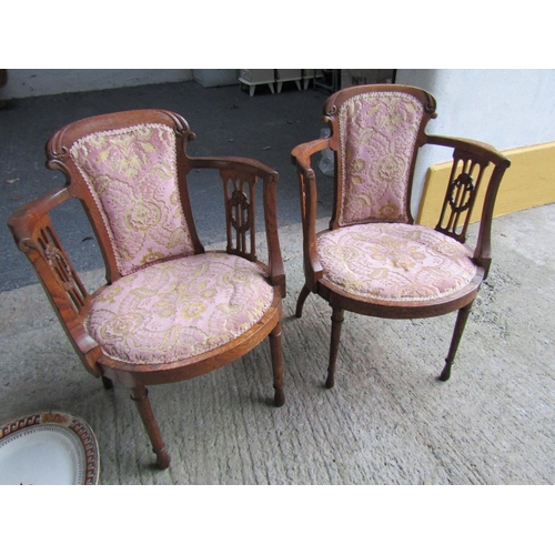 202 - Pair of Antique Carved Tub Frame Armchairs Turned Supports Attractively Detailed